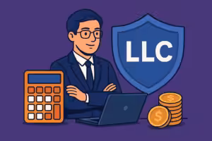 Professional male accountant protected by an LLC shield with calculator, laptop, and coins – LLC For Accountants illustration