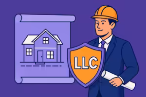 Illustration of an architect with blueprints protected by an LLC for Architects shield
